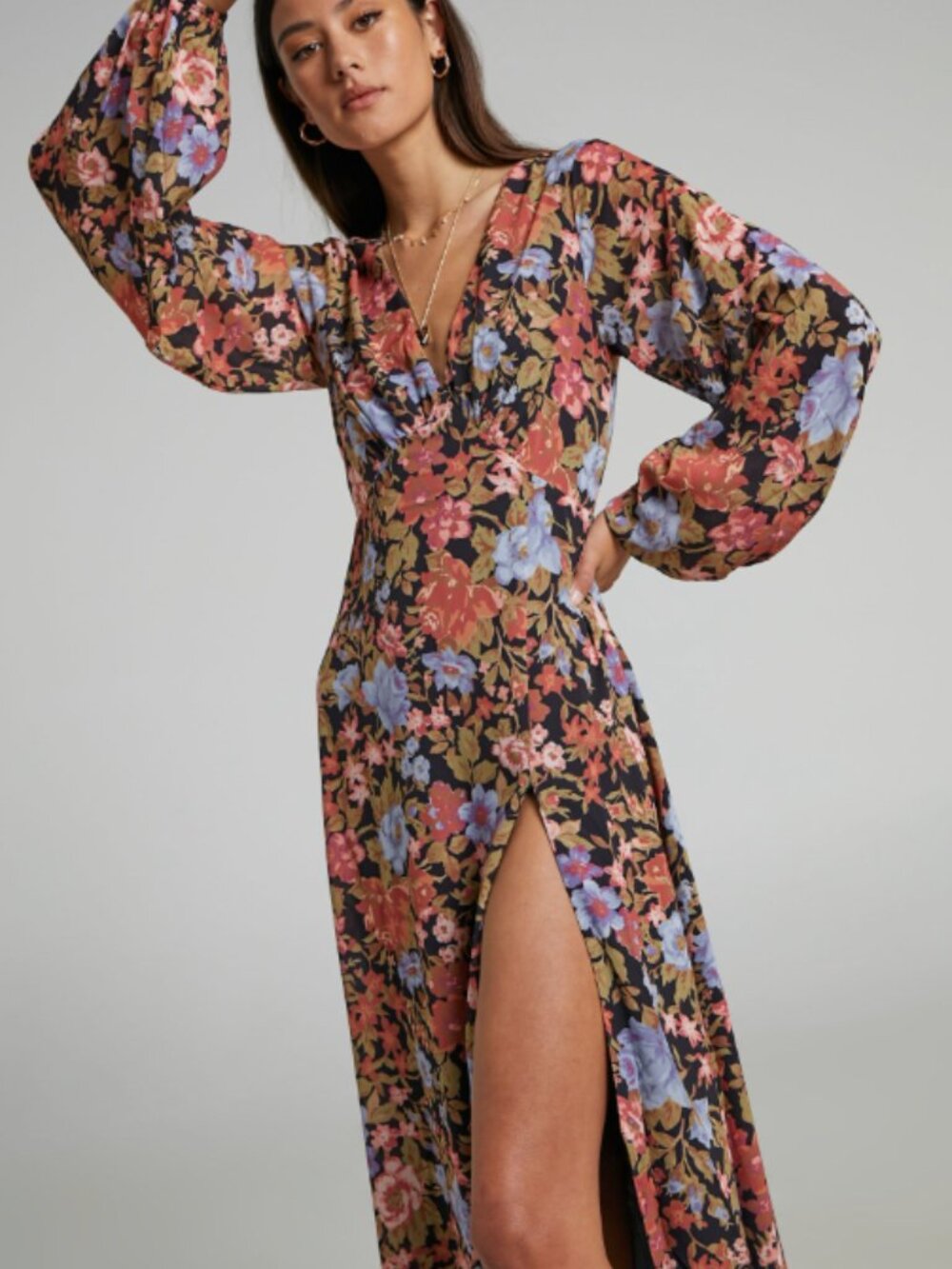 Showpo Henny Midi Dress Fall Dark Moody Florals Fairycore Whimsigoth Sz 12